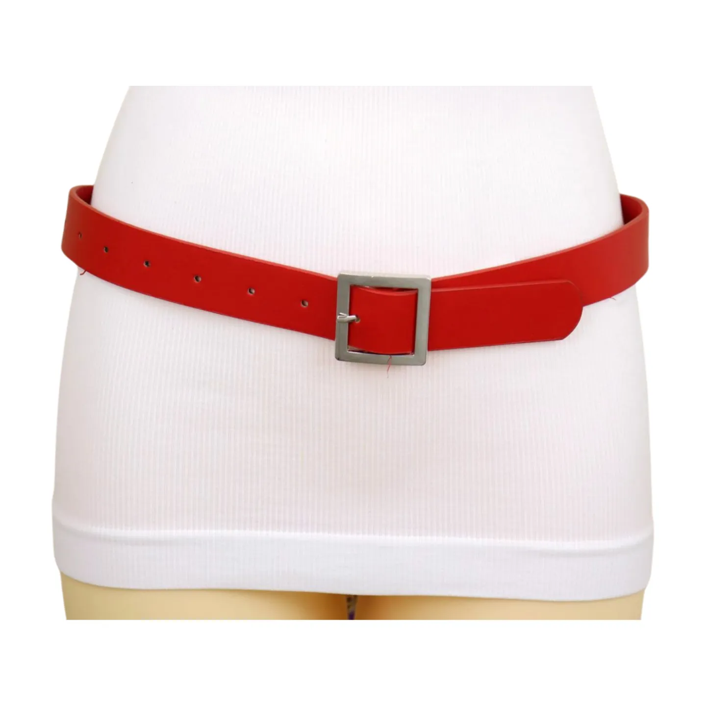 Women Red Faux Leather Skinny Hip Waist Belt Silver Square Metal Buckle S M