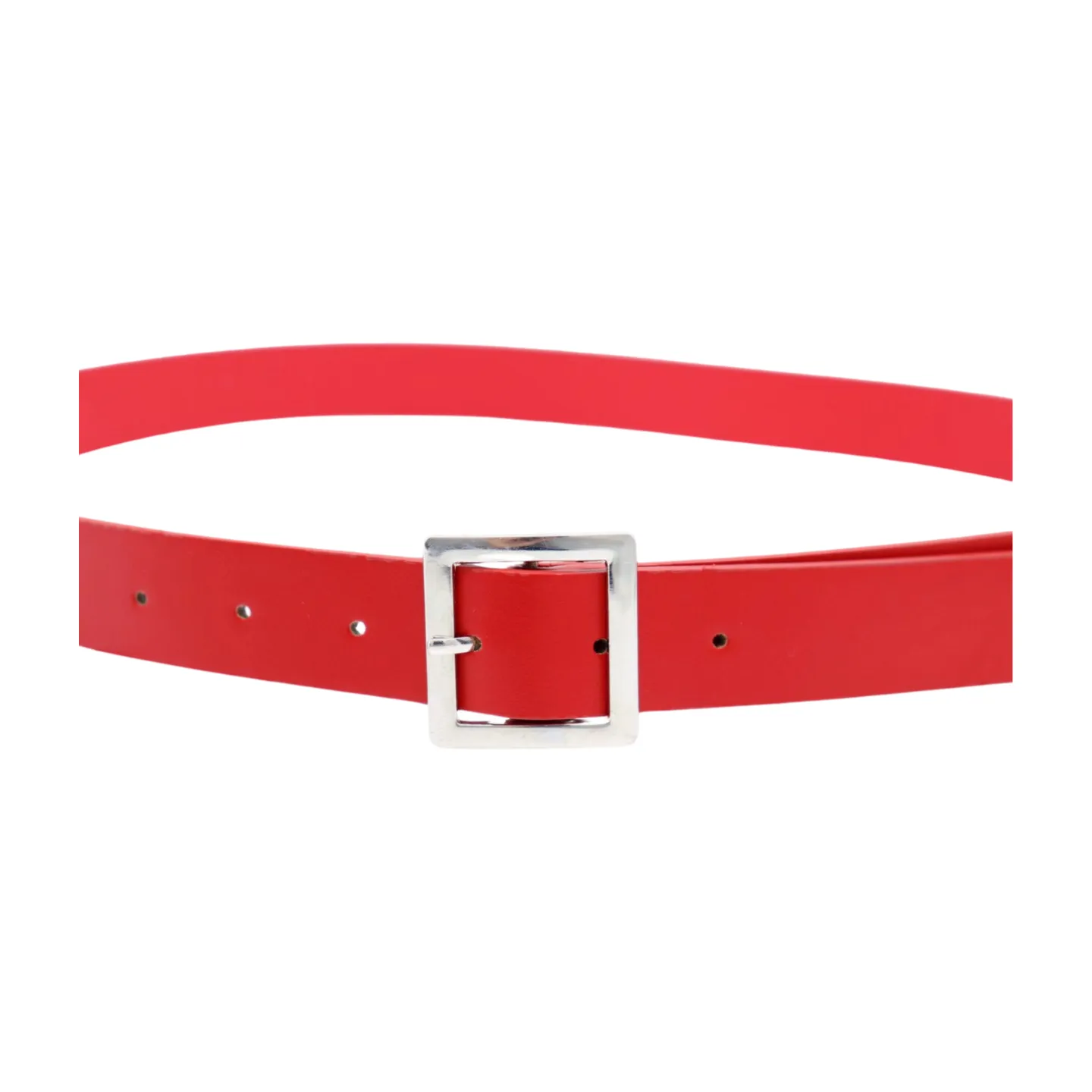 Women Red Faux Leather Skinny Hip Waist Belt Silver Square Metal Buckle S M