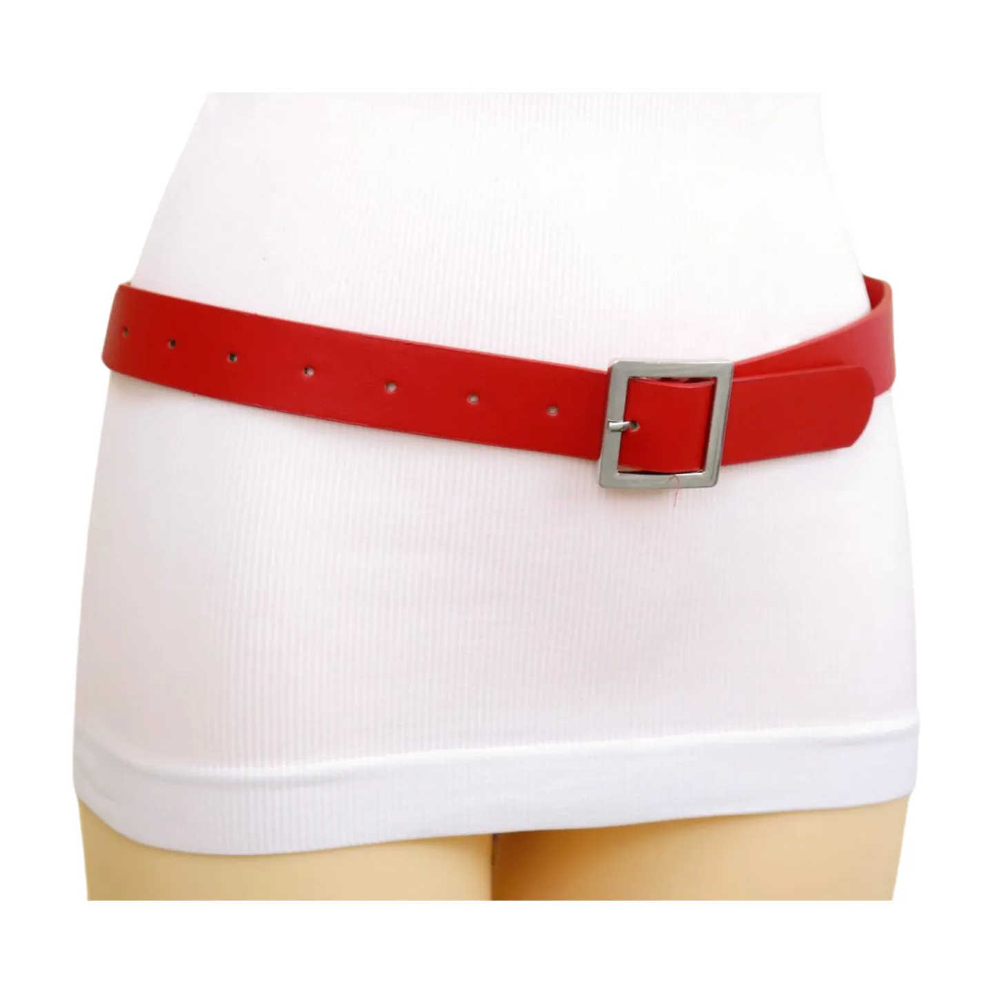 Women Red Faux Leather Skinny Hip Waist Belt Silver Square Metal Buckle S M