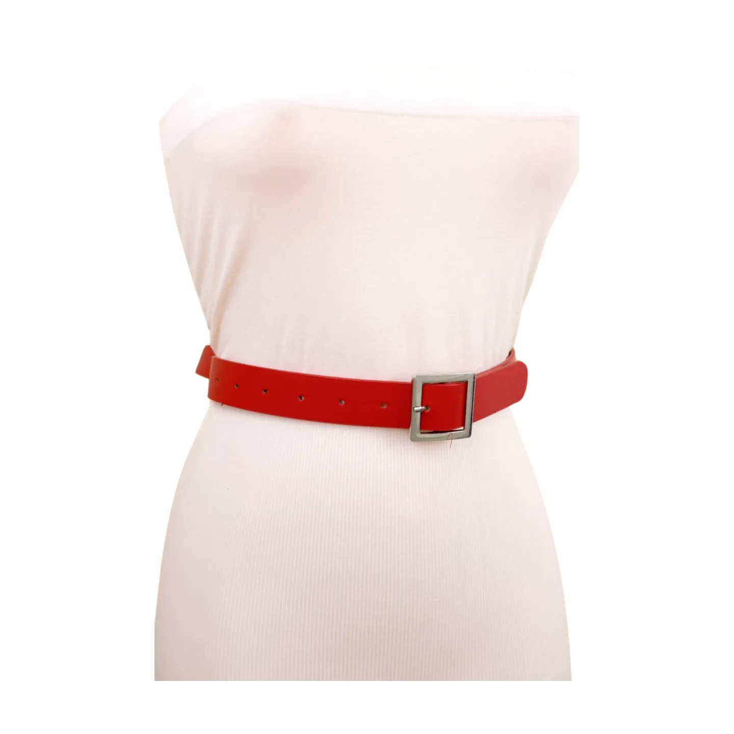 Women Red Faux Leather Skinny Hip Waist Belt Silver Square Metal Buckle S M