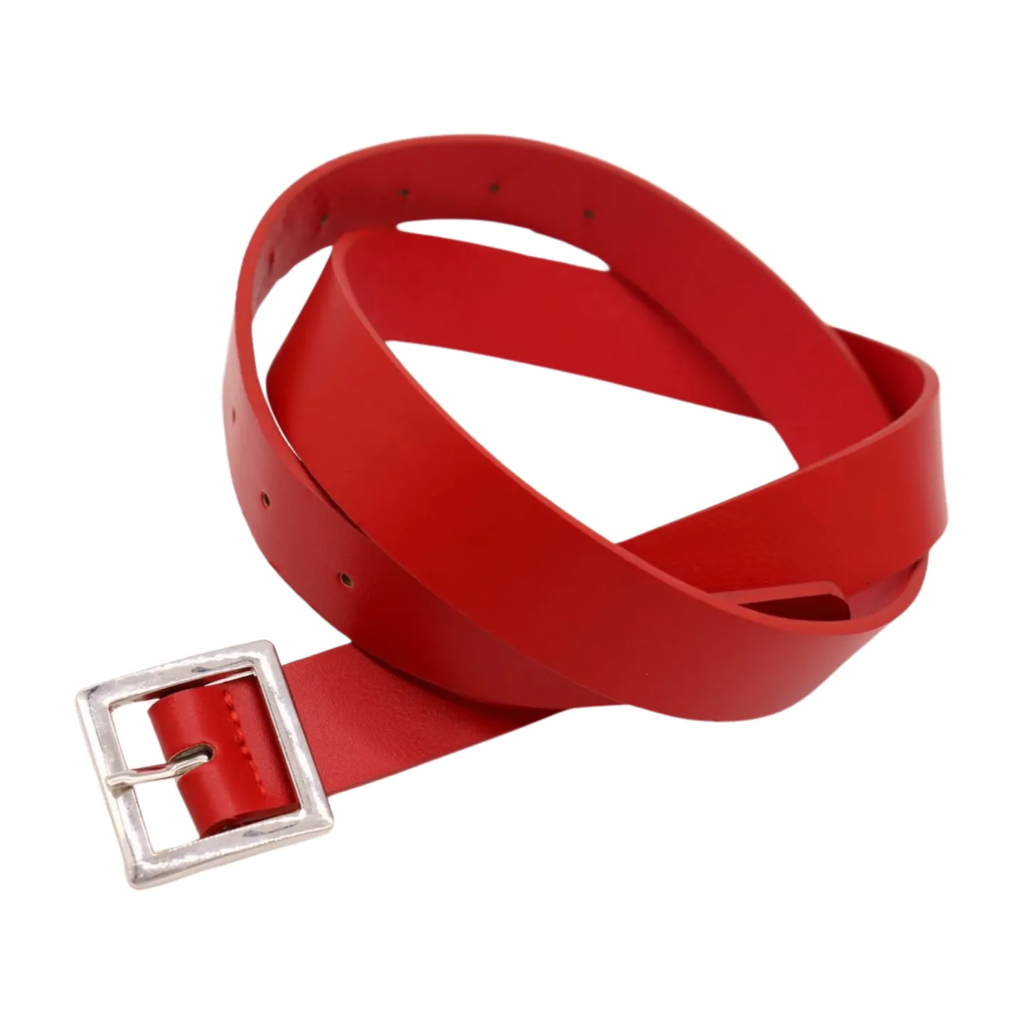 Women Red Faux Leather Skinny Hip Waist Belt Silver Square Metal Buckle S M