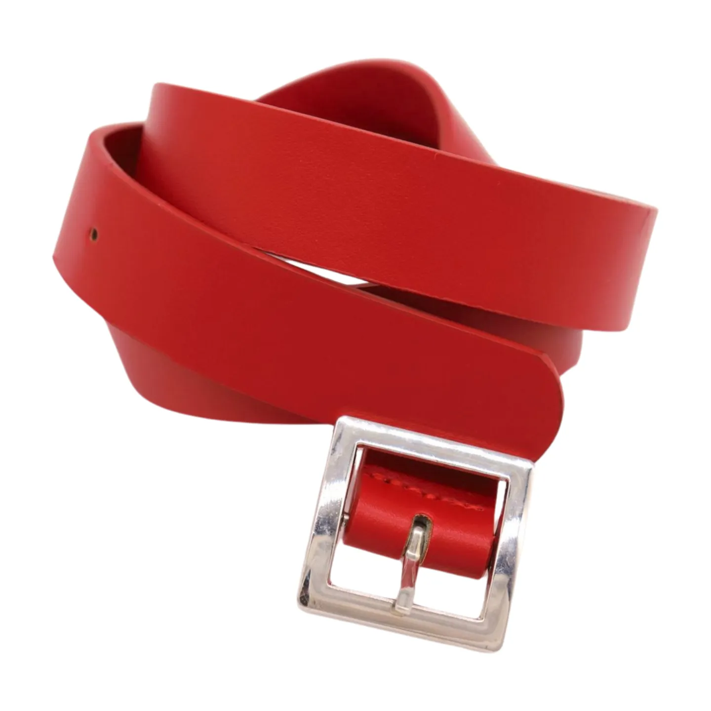 Women Red Faux Leather Skinny Hip Waist Belt Silver Square Metal Buckle S M