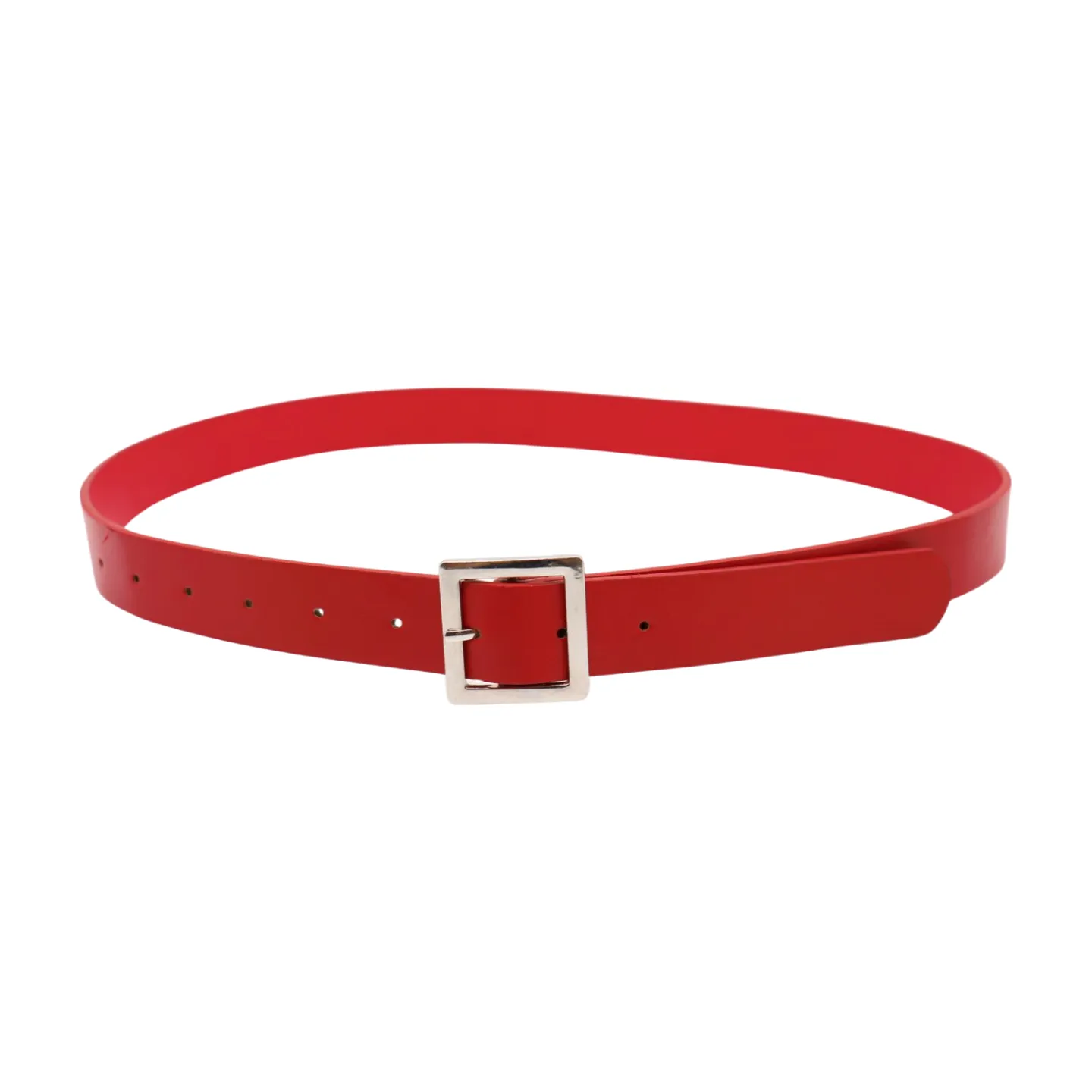 Women Red Faux Leather Skinny Hip Waist Belt Silver Square Metal Buckle S M