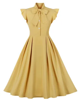 Yellow Ruffles Butterfly Sleeve 1950S Vintage Dress