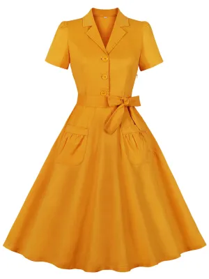 Yellow Turndown Collar Short Sleeve 1950S Vintage Dress With Belt